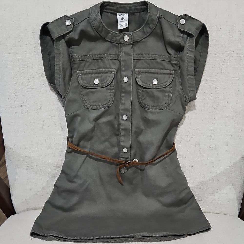 Carter's Kids Casual Dress in Olive with Brown Belt
